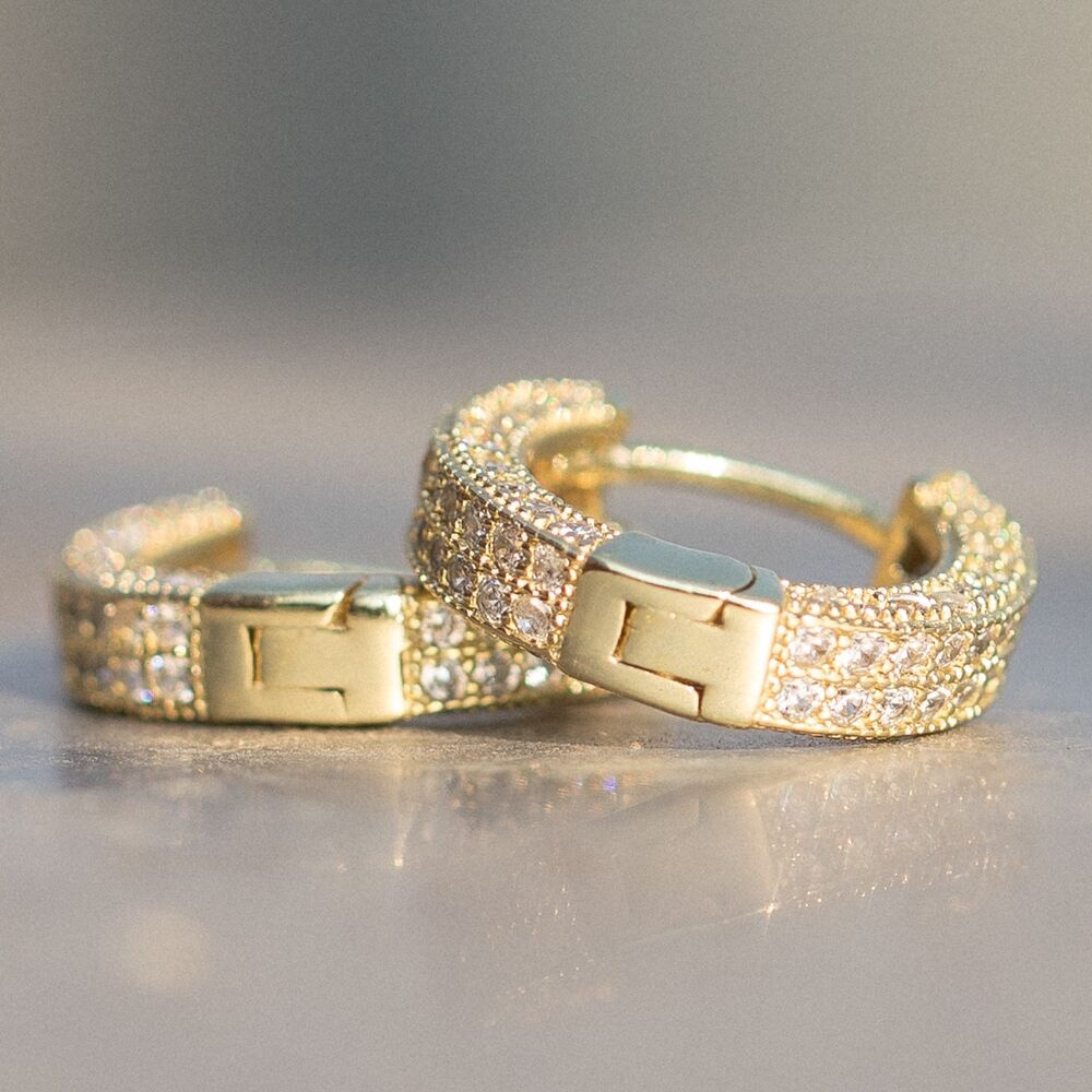 Mens Fully Iced 14K Gold Plated 925 Sterling Silver Cz Hoop Earrings