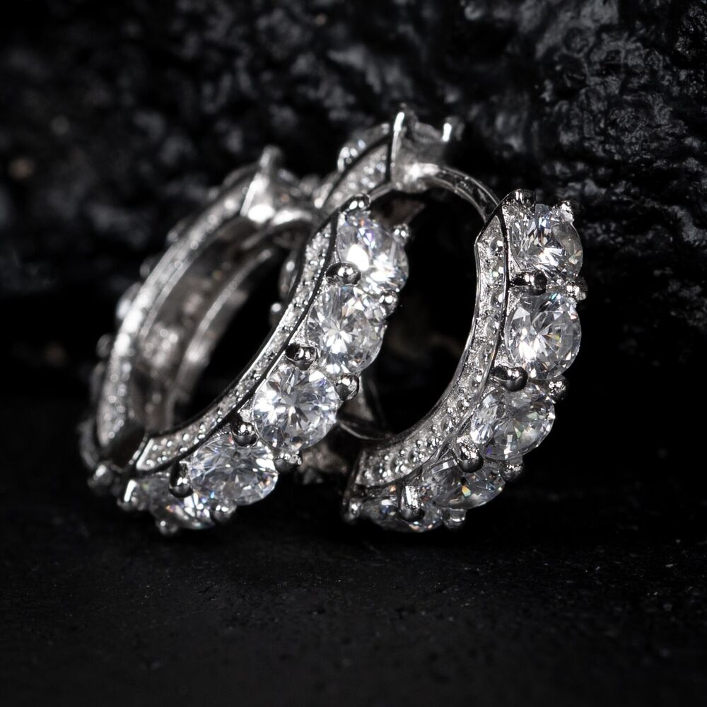 White Gold Plated Big Stone Fully Iced CZ Sterling Silver Hoop Earrings For Men