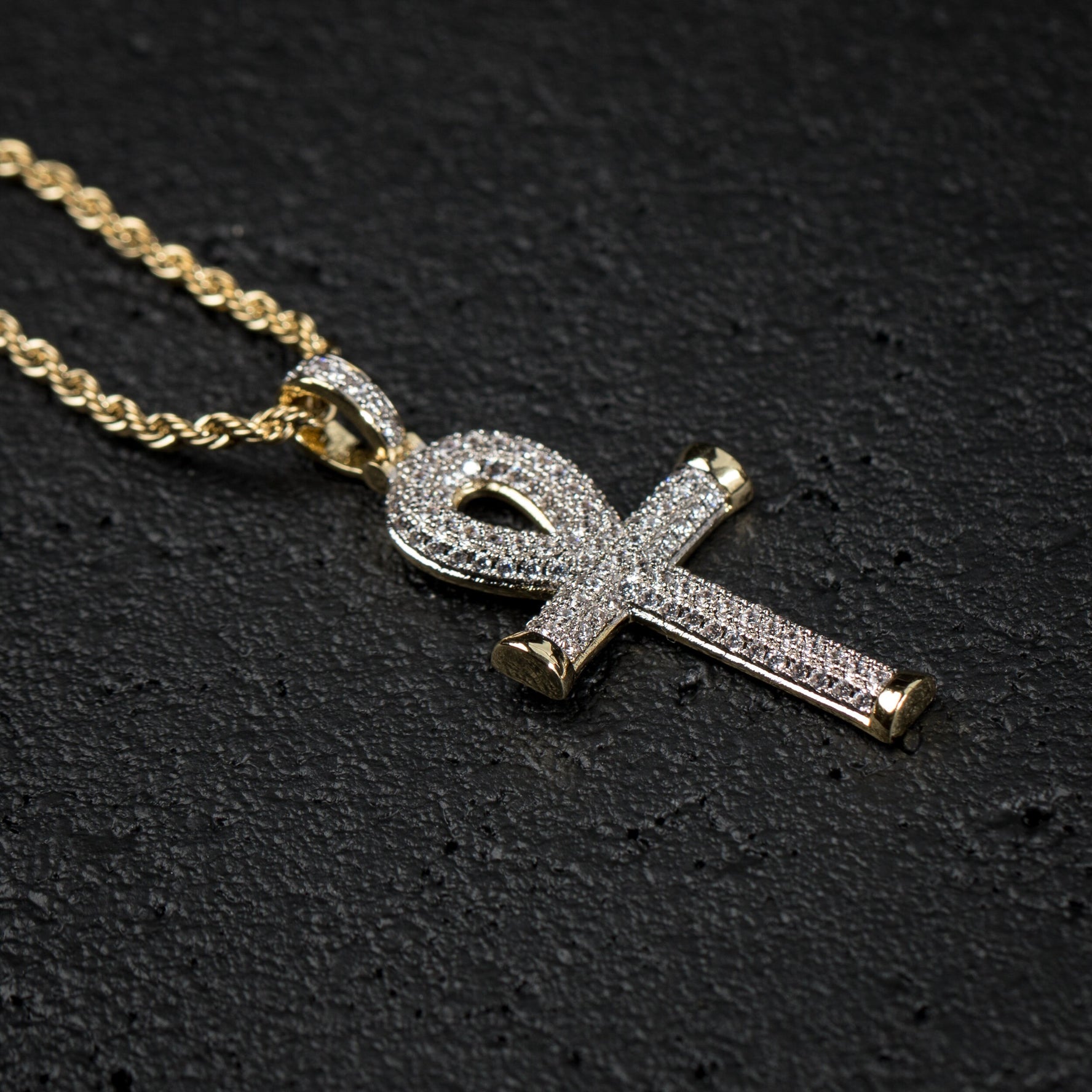 Mens  14k Gold Iced Cz Egyptian Ankh Cross Pendant Necklace