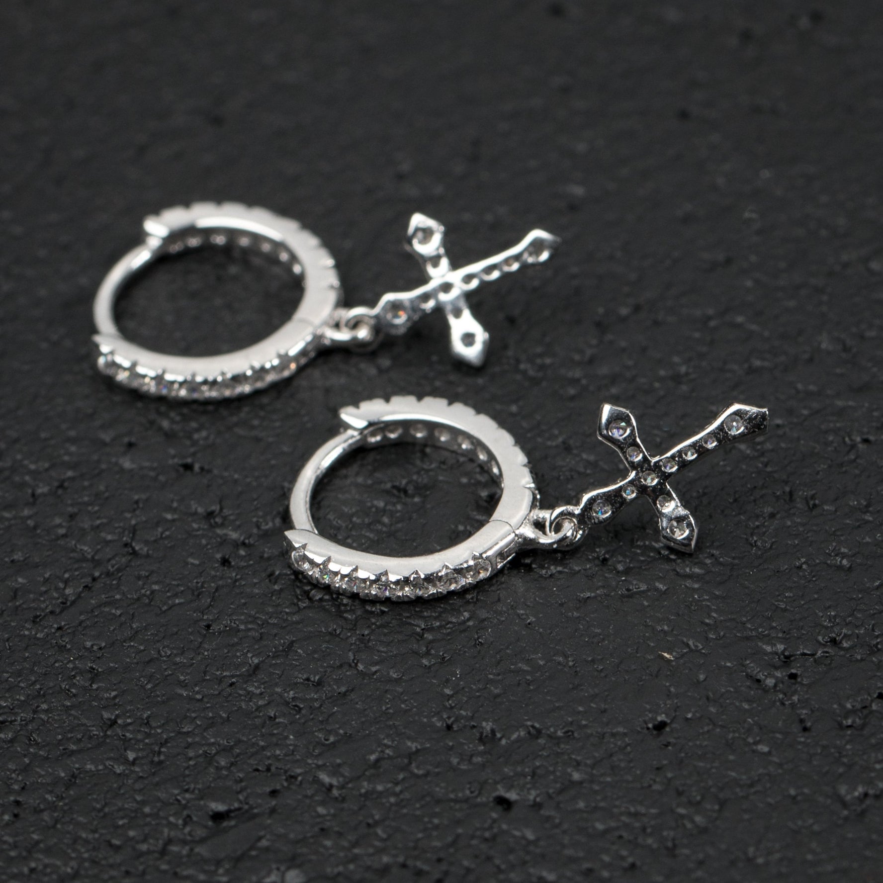 Mini 925 Sterling Silver Huggie Hanging Mens Dangle Cross Hoop Earrings