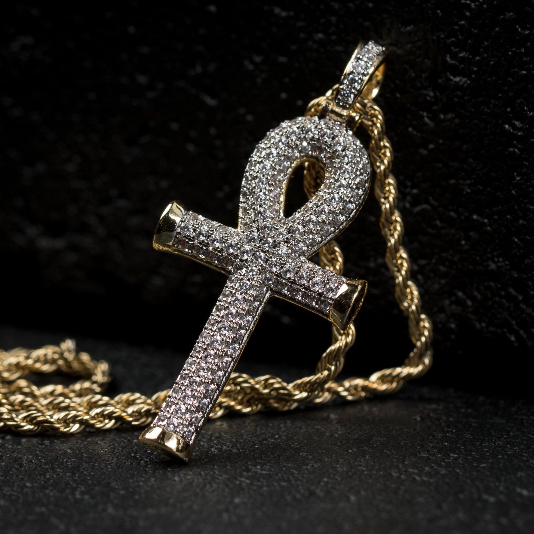 Mens  14k Gold Iced Cz Egyptian Ankh Cross Pendant Necklace