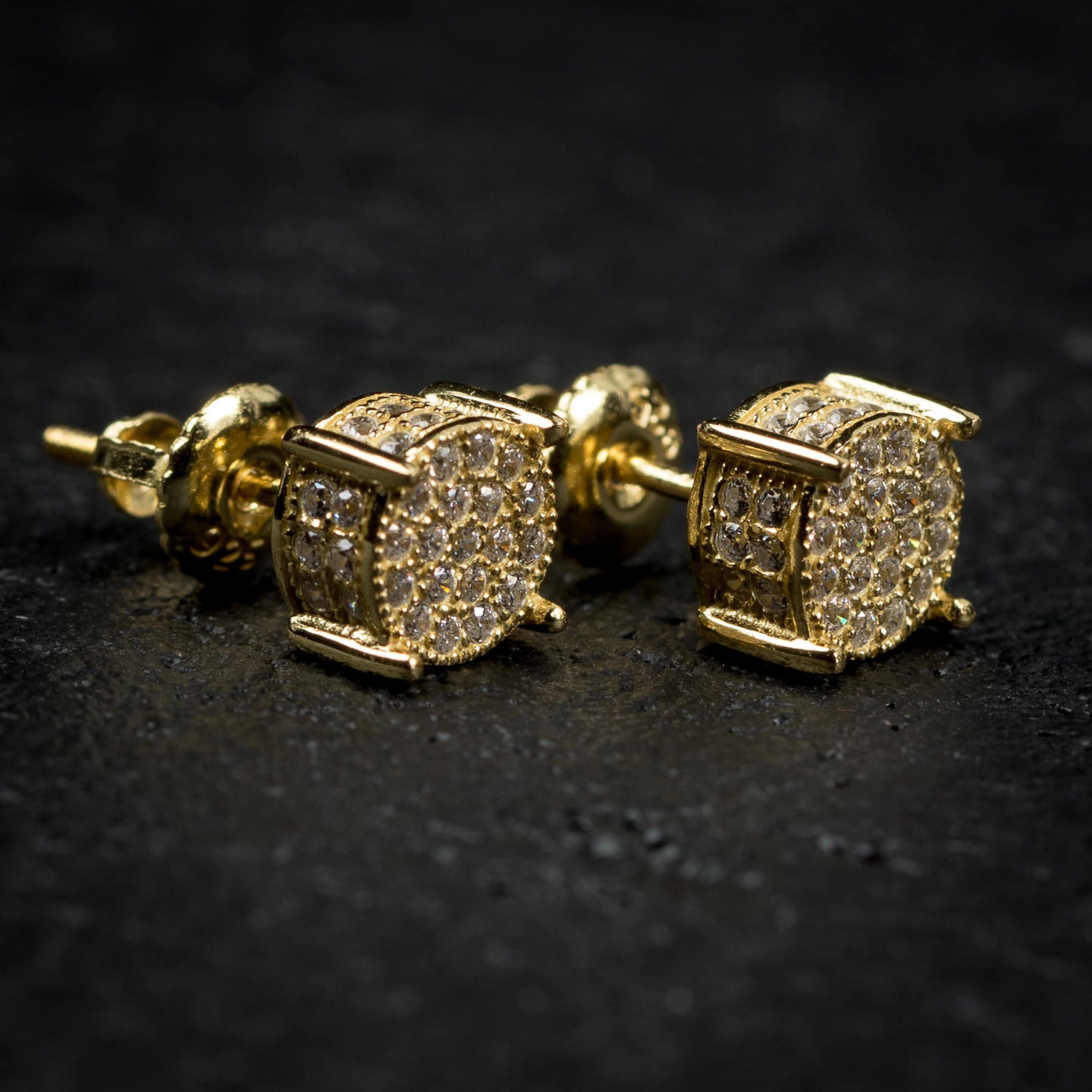 Mens 14K Yellow Gold 4 Prong Iced Bullet Stud Earrings