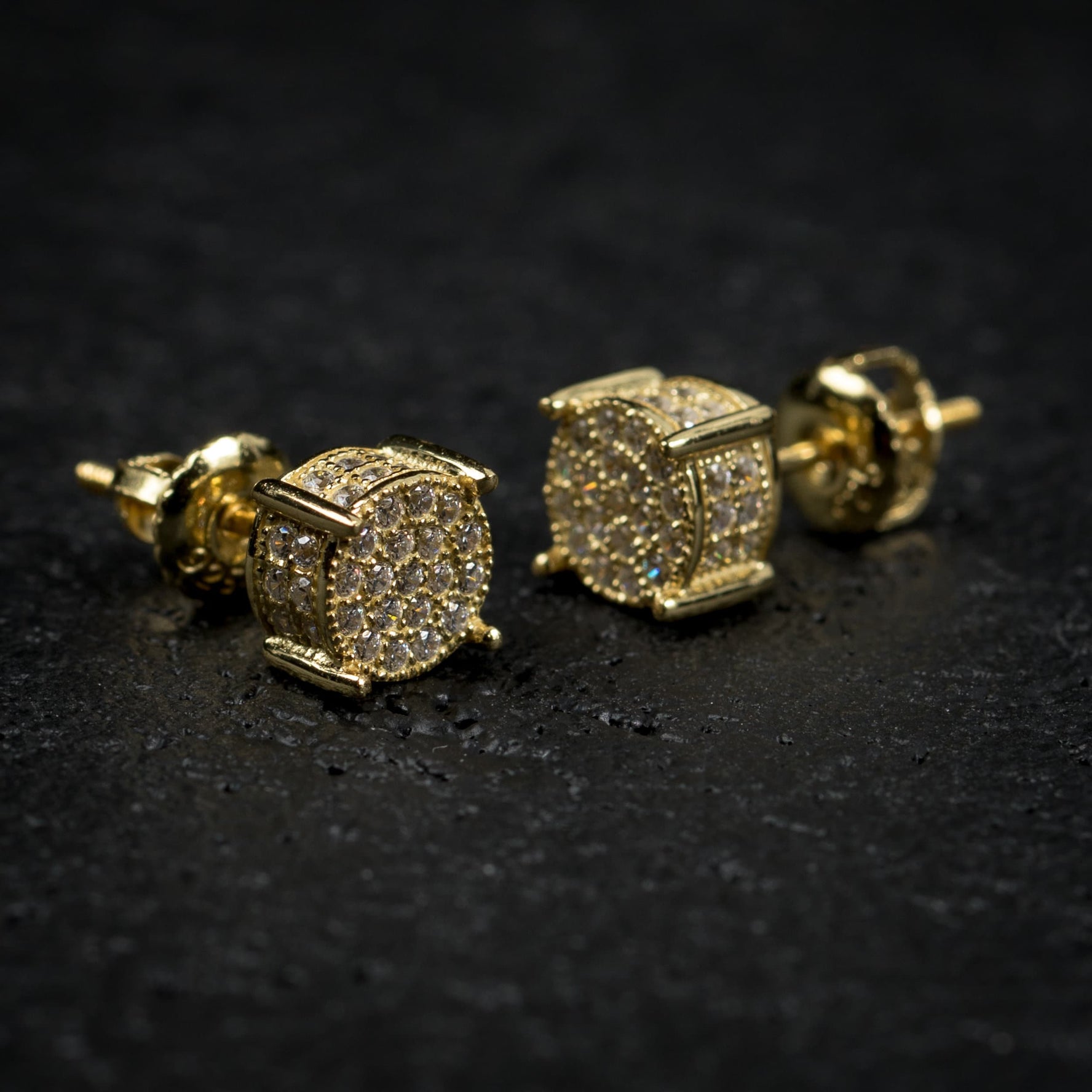 Mens 14K Yellow Gold 4 Prong Iced Bullet Stud Earrings