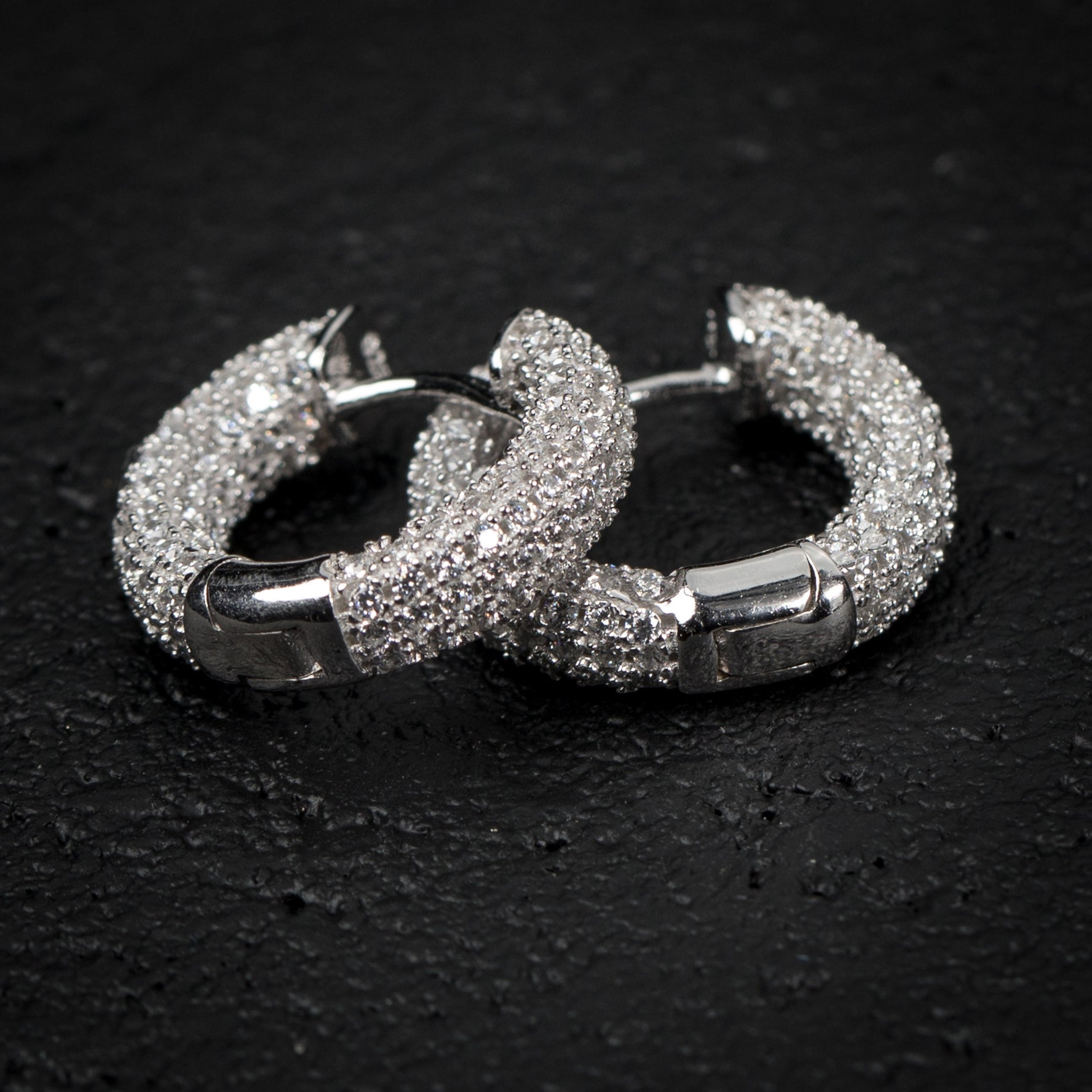 Mens Fully Iced Sterling Silver Honey Comb Set Huggie Hoop Earrings