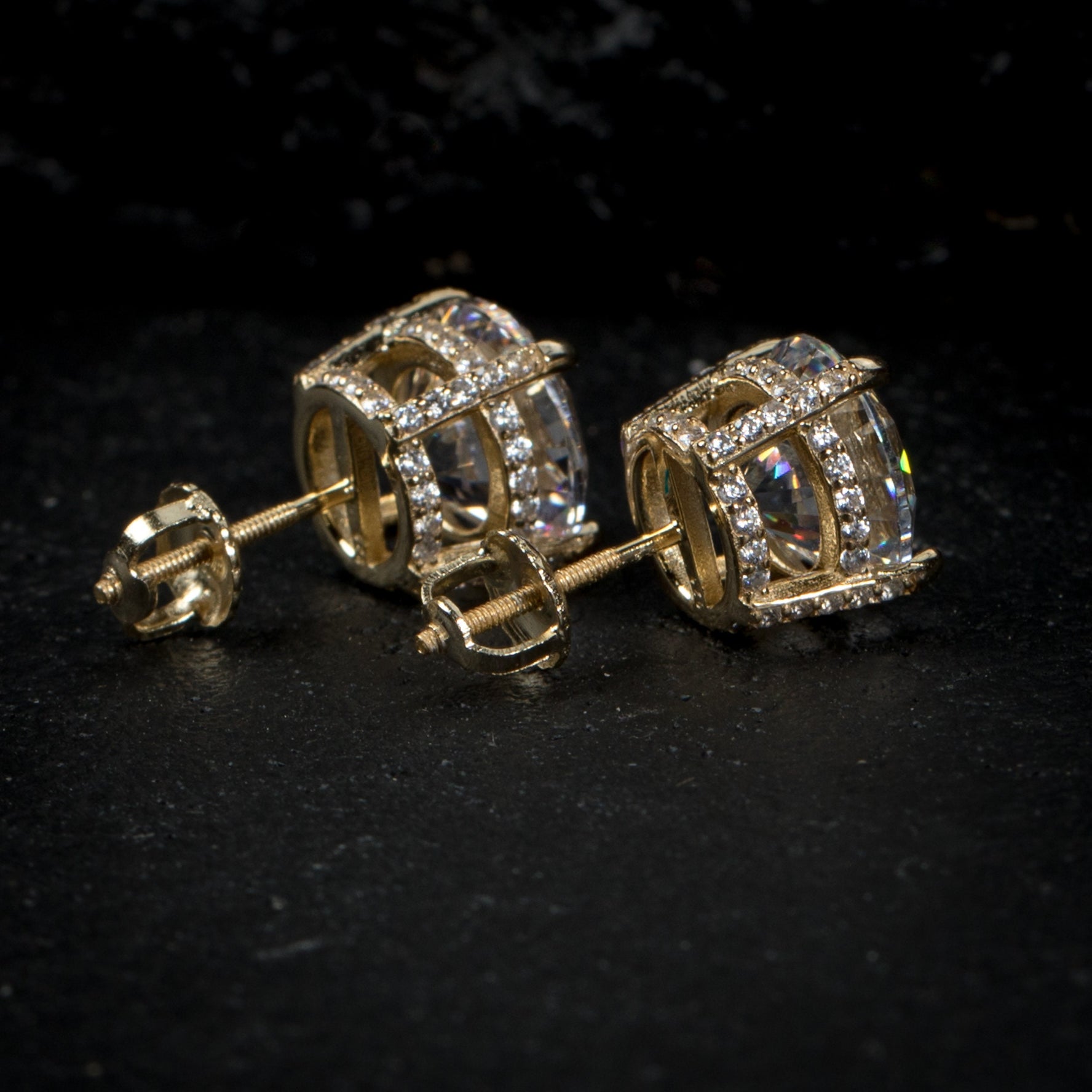 Gold 4ct Cz Round Hip Hop Princess Cut Stud Screw Back Earrings