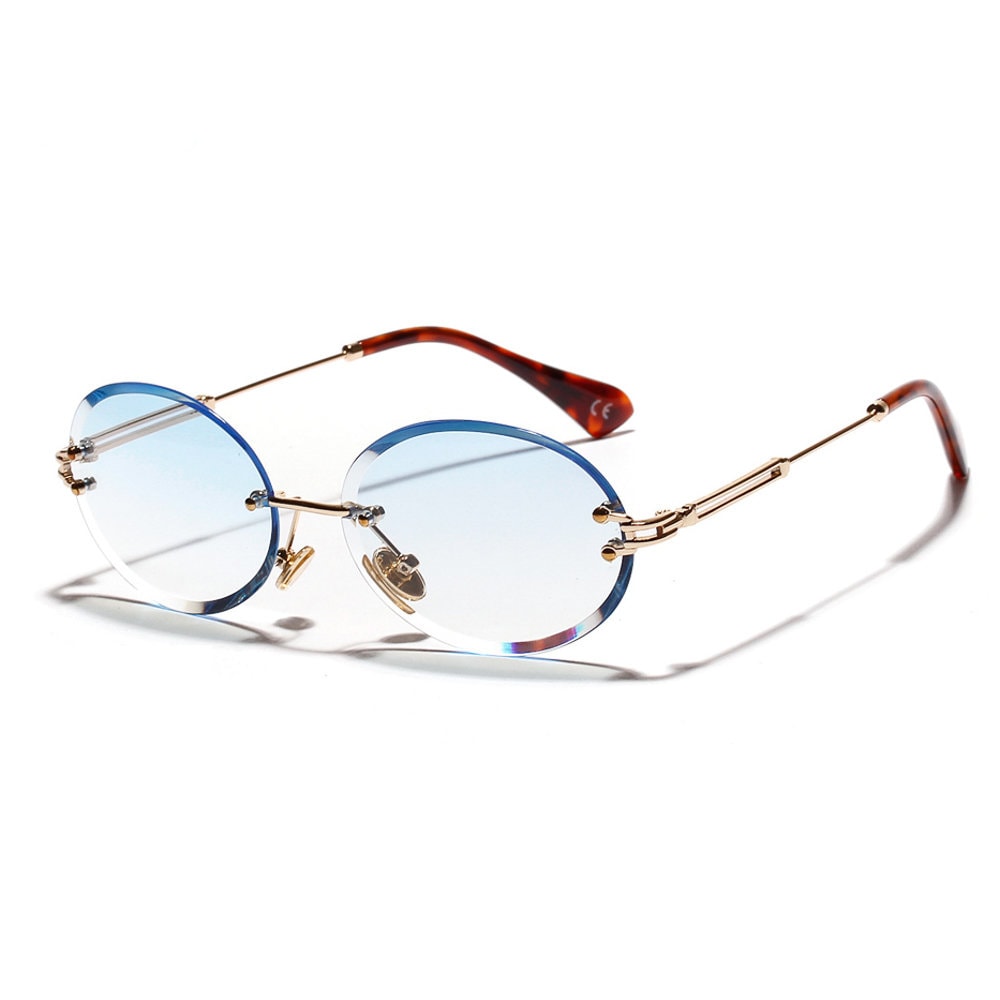 Men’s Round Baby Blue Tint Retro Gold Frame Hip Hop Rimless Sunglasses