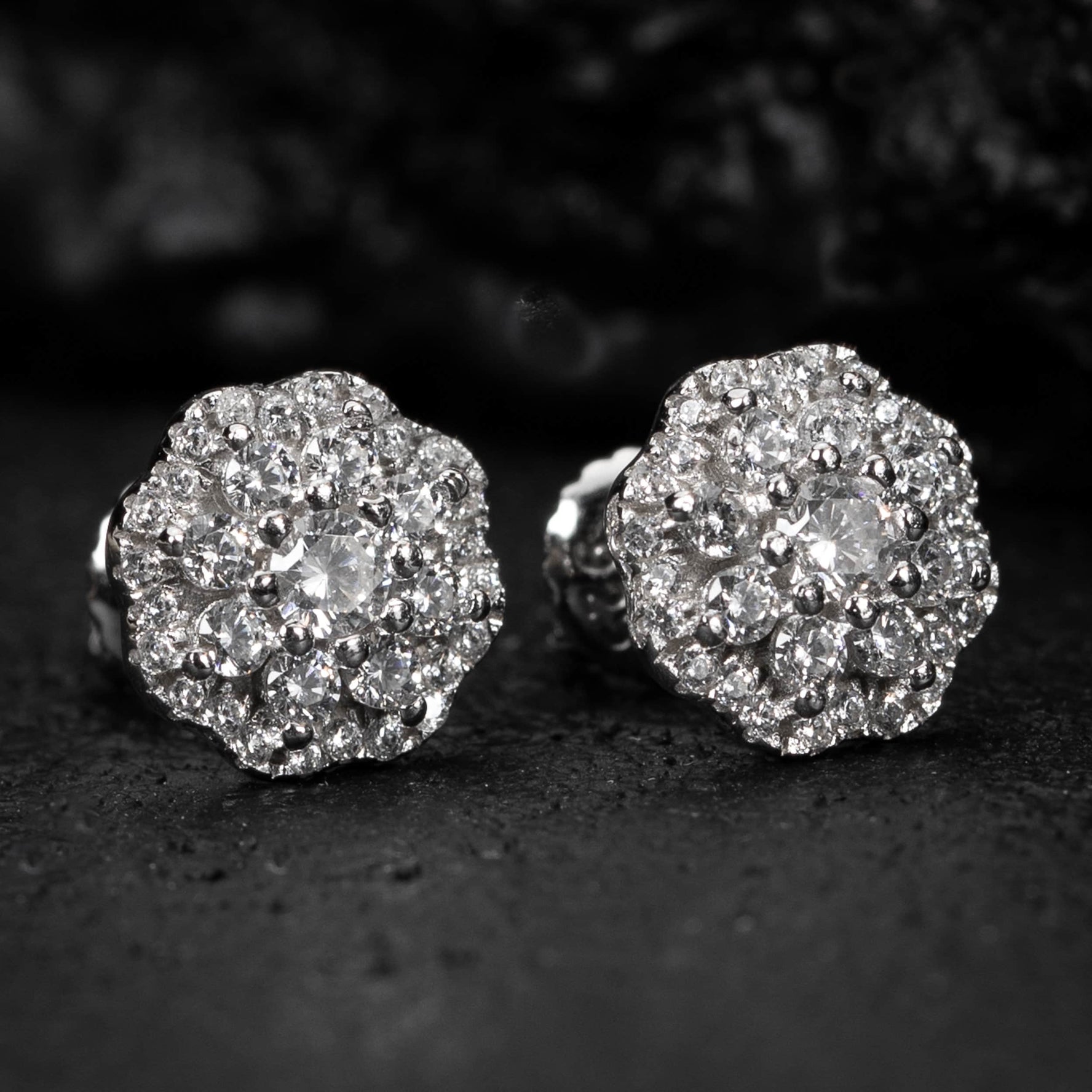 Iced Cz Men's White Gold Sterling Silver Flower Cluster Hip Hop Stud Earrings